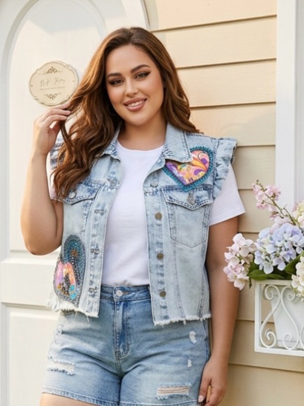 Plus Size Light Wash Denim Vest with  Heart and flower Upcycled  Patches